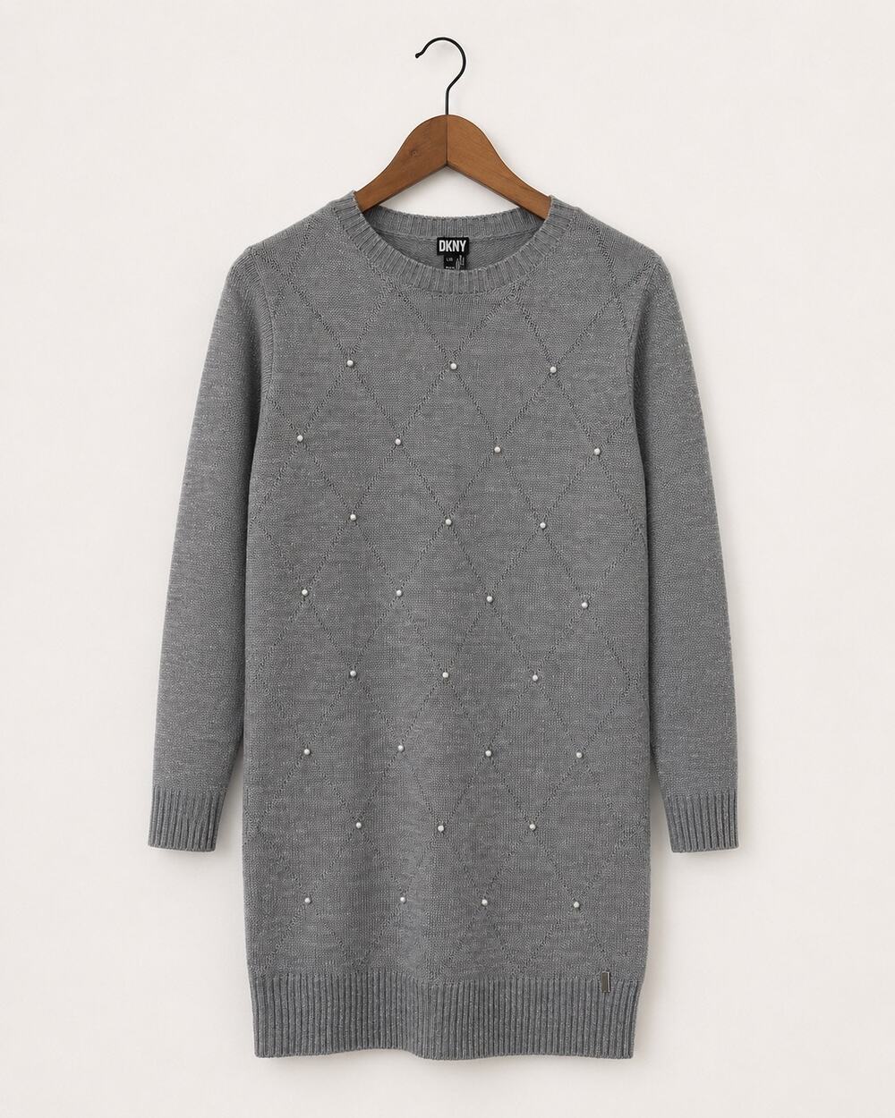 DKNY Women’s Gray Pearl Embellished Sweater Dress Long Sleeve Knit Tunic